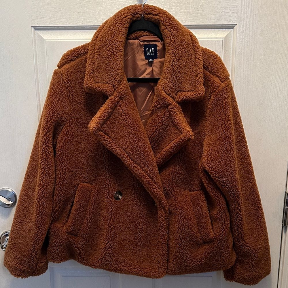 GAP Women's Brown Teddy Jacket Size M Fully Lined Super Soft and Warm Cabincore